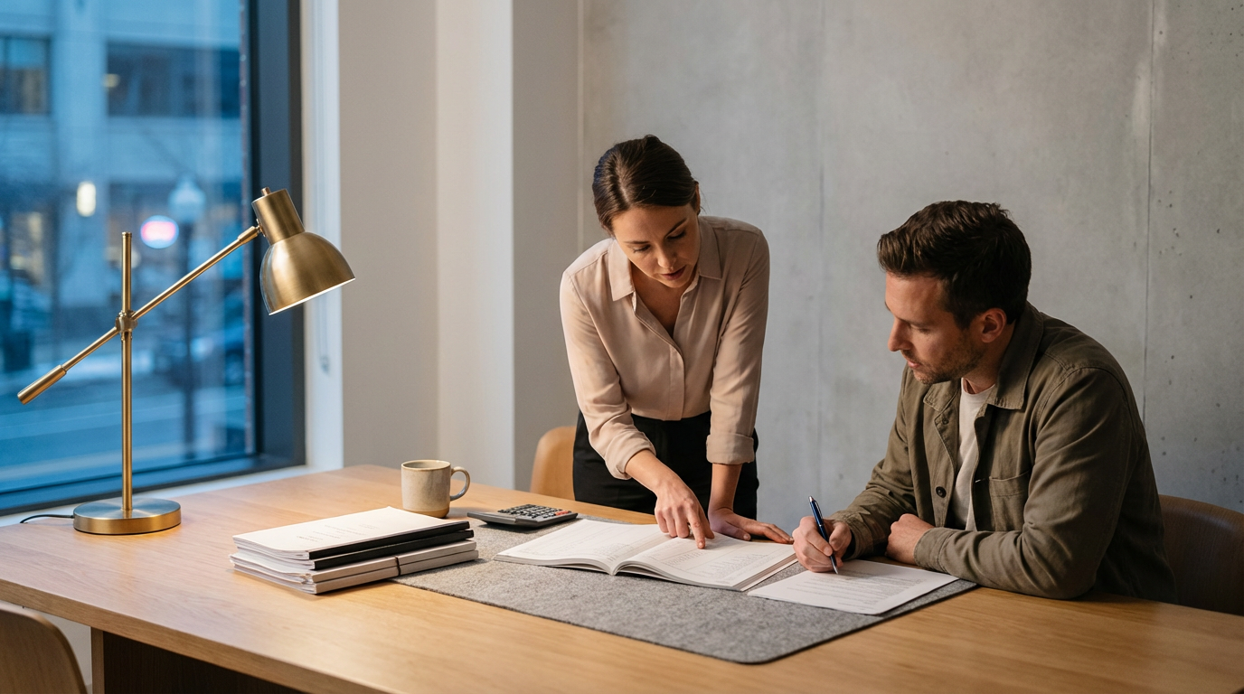 A woman is standing and pointing at papers on a desk while a man is sitting and writing with a pen, with books, a calculator, a coffee mug, and a lamp on the desk in a modern office.