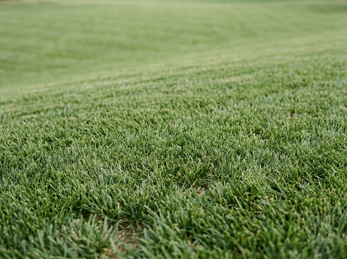Close-up of a lush green grassy field with rows of grass extending into the distance.