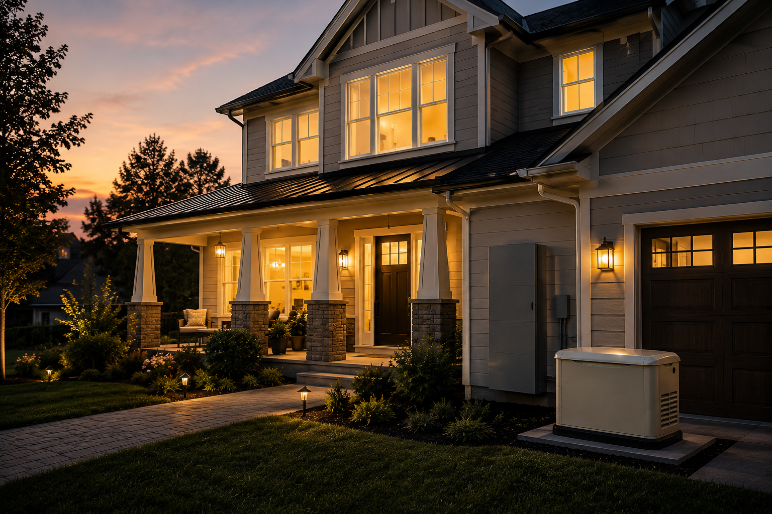 A two-story suburban house at dusk with warm interior and exterior lighting, front porch with four white columns, stone bases, and outdoor furniture, landscaped yard with plants and pathway lights.