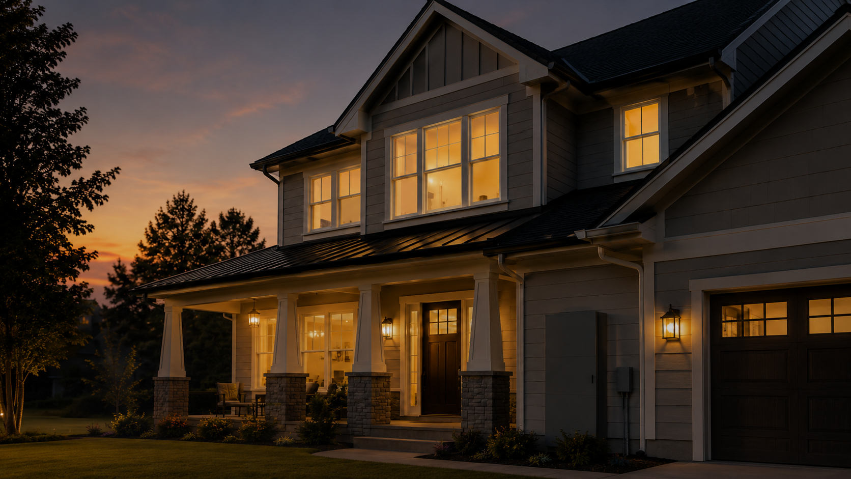 A two-story house is illuminated from inside, with warm light shining through the windows during sunset. The house has a front porch with pillars and a dark front door, surrounded by a well-kept lawn with trees and shrubs.