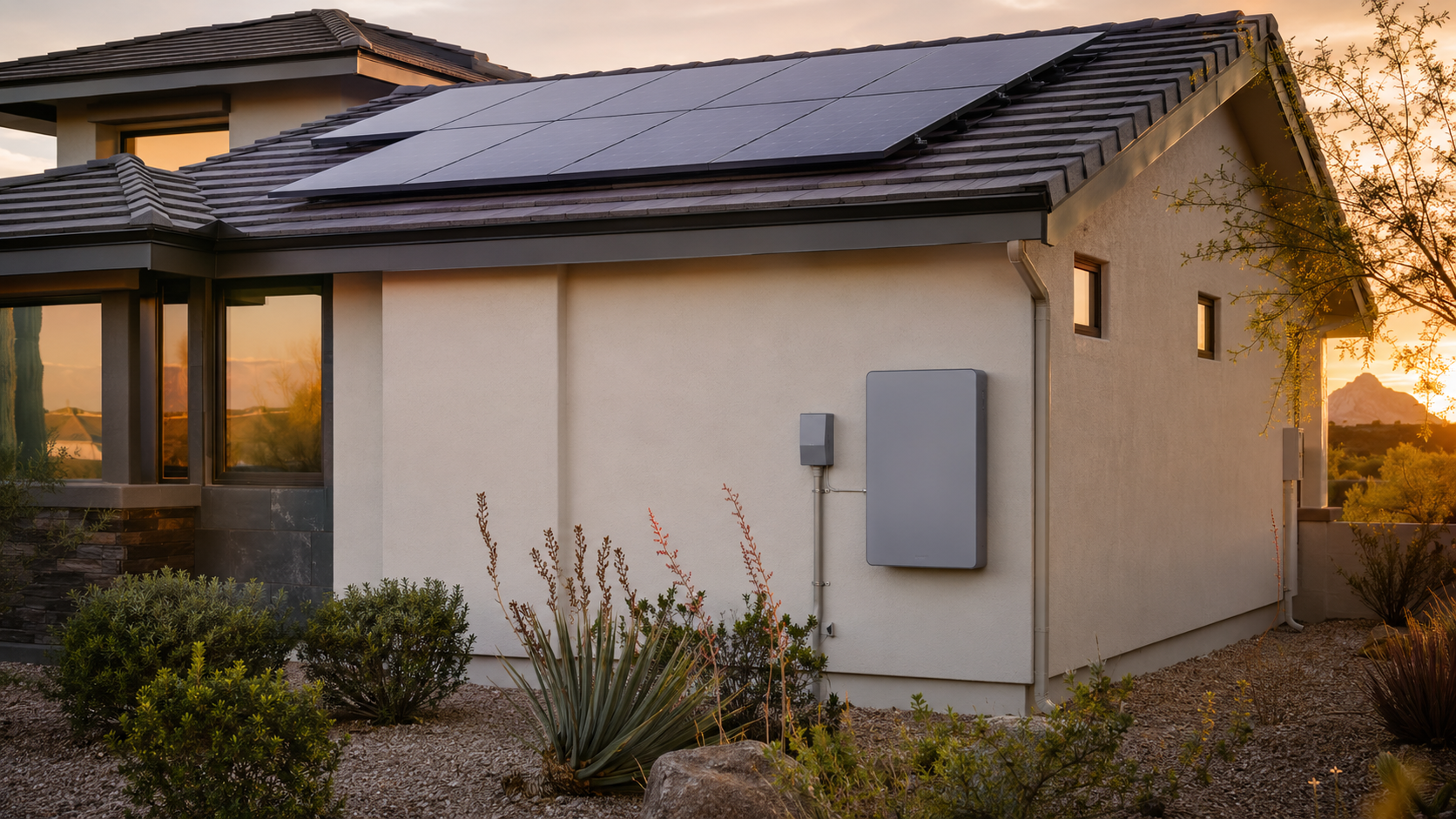 A house with solar panels on the roof during sunset, with desert plants and bushes in the foreground.