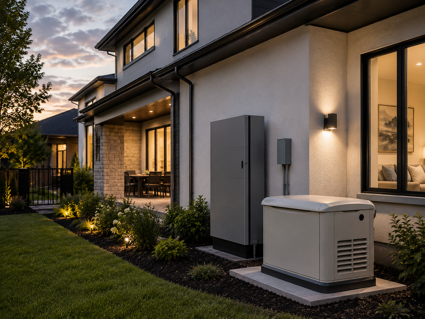 Exterior view of a modern house at twilight with a landscaped yard, outdoor lighting, a covered patio with dining furniture, and utility boxes.