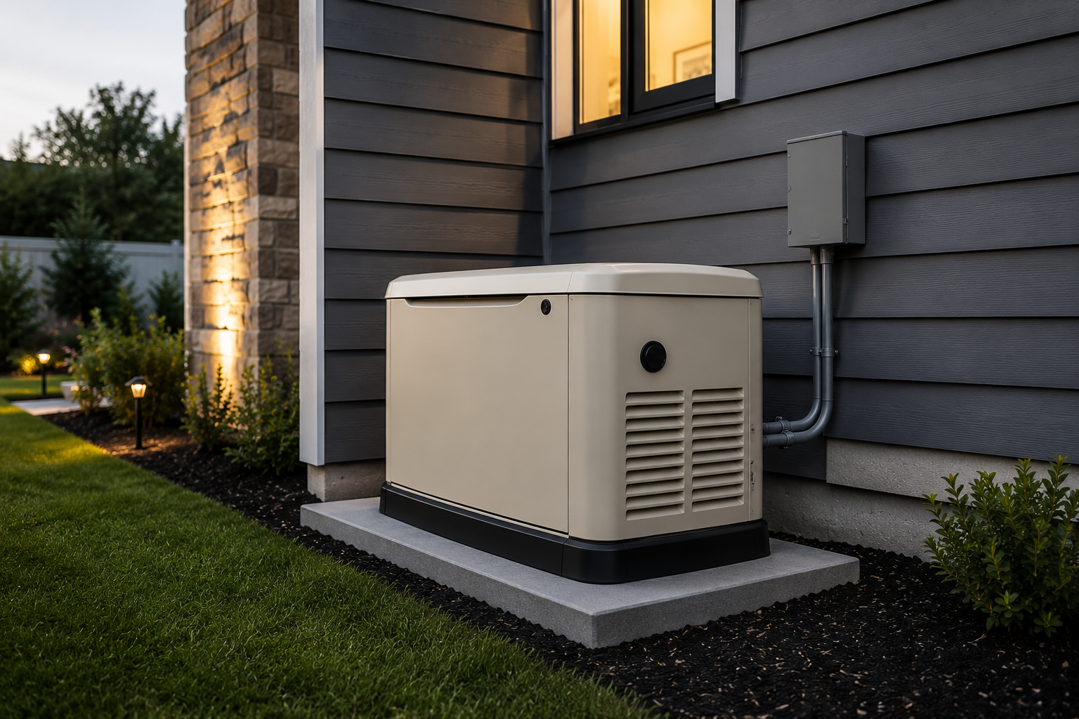 An outdoor air conditioning unit installed on a concrete slab beside a house with gray siding and a window, with landscaped garden and pathway lights in the background.