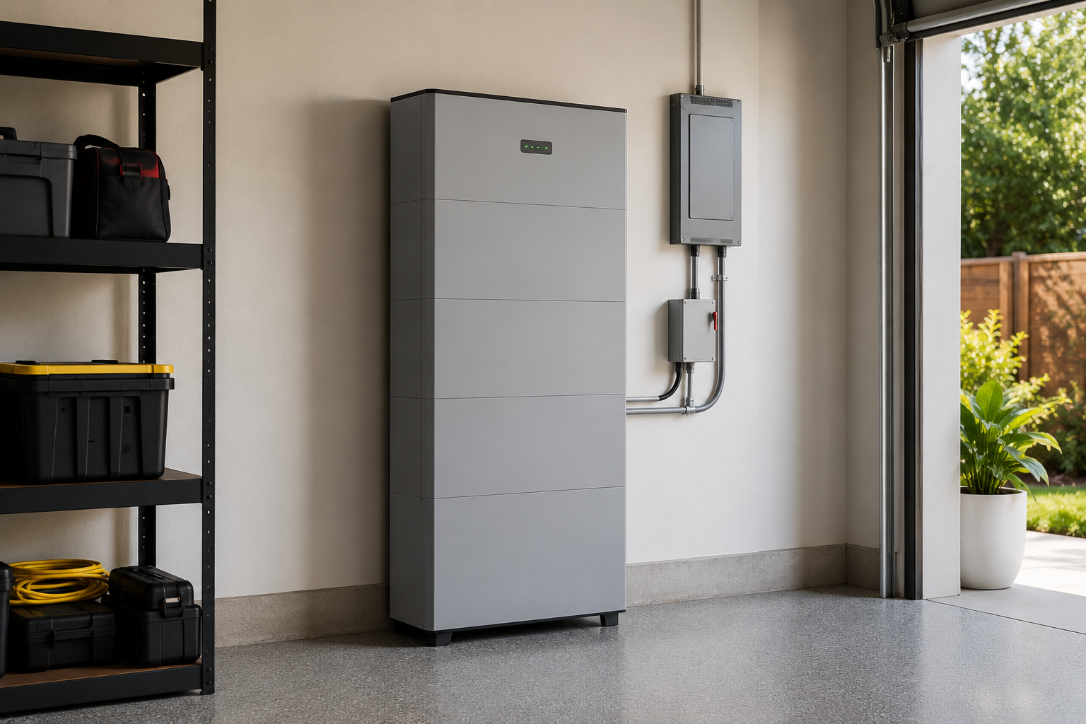 Inside a garage, a large gray battery energy storage system is on the floor next to a white wall, with an electrical panel above it. To the left, a black metal shelving unit holds various toolboxes and equipment. A large glass door is open to an outdoor garden with greenery and a wooden fence.