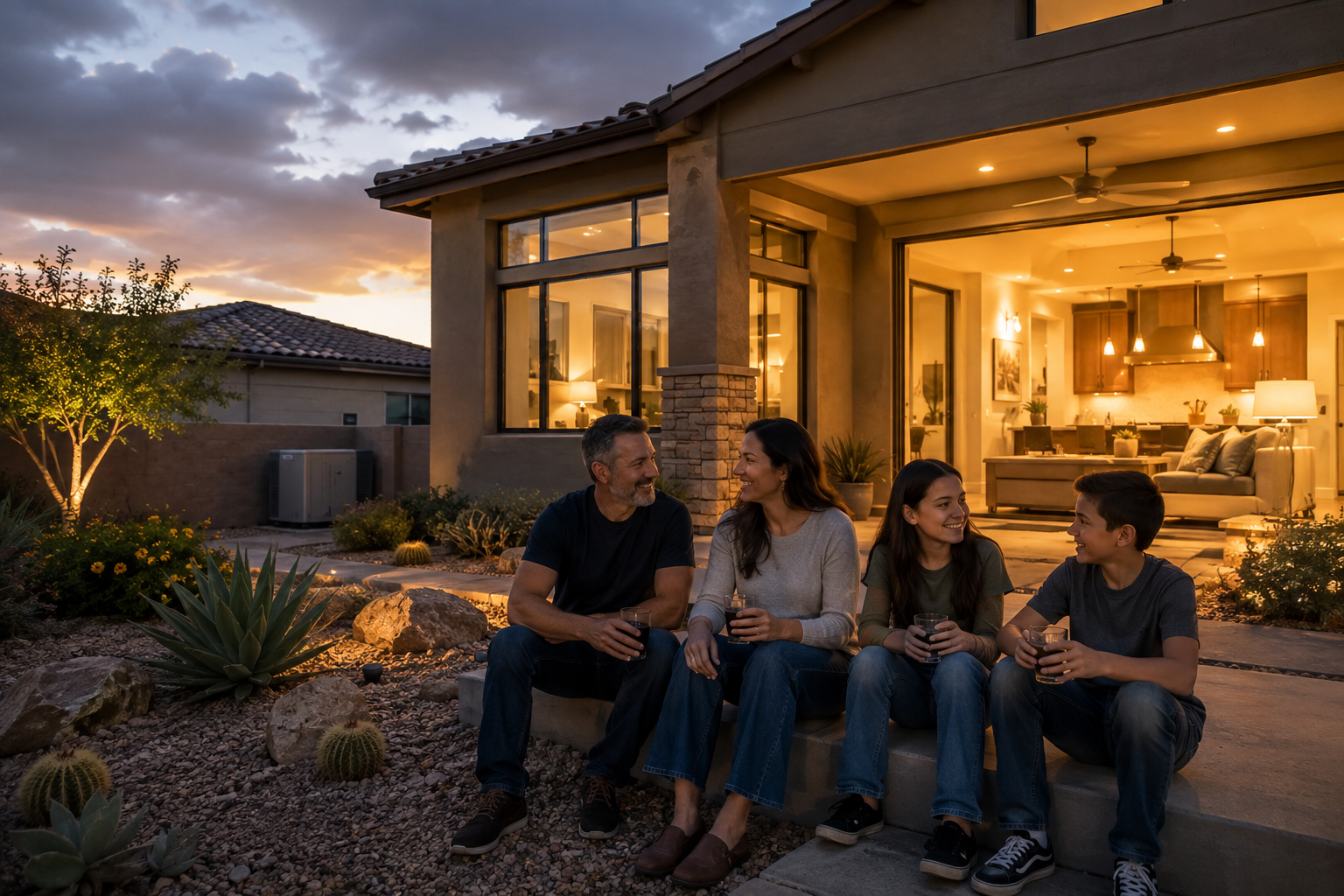 A family of four sitting outdoors on a patio at sunset, enjoying drinks and smiling at each other.