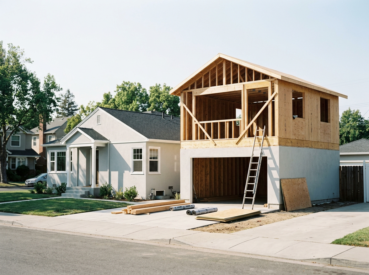 Garage ADU concept — framing a new upper-level unit above a detached garage.