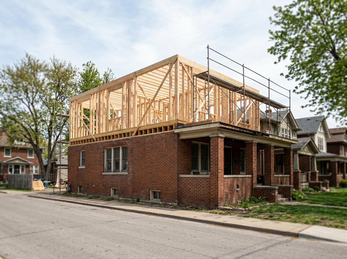 Bungalow addition concept — new upper-story framing over an existing brick bungalow.