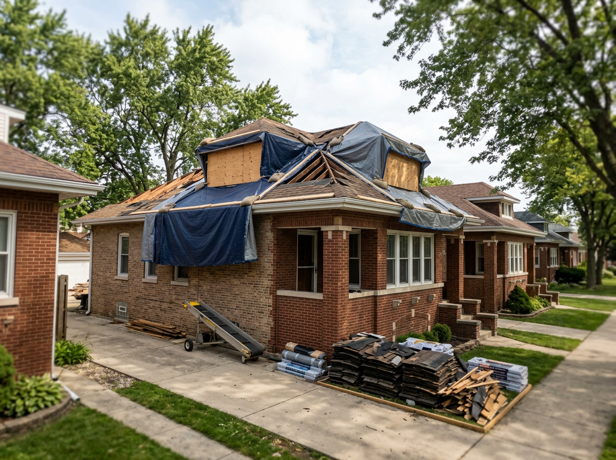 Bungalow addition concept — roof removal and weather protection before the new framing.