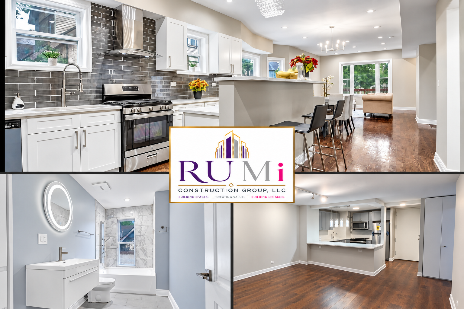 Enhanced RUMi kitchen and bathroom renovation collage with the corporate skyline logo.