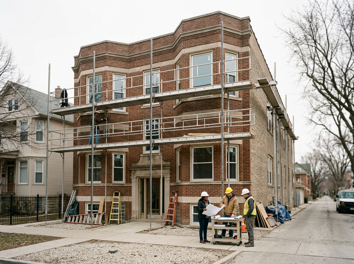 Multifamily brick apartment building under renovation with scaffolding and construction crew reviewing plans