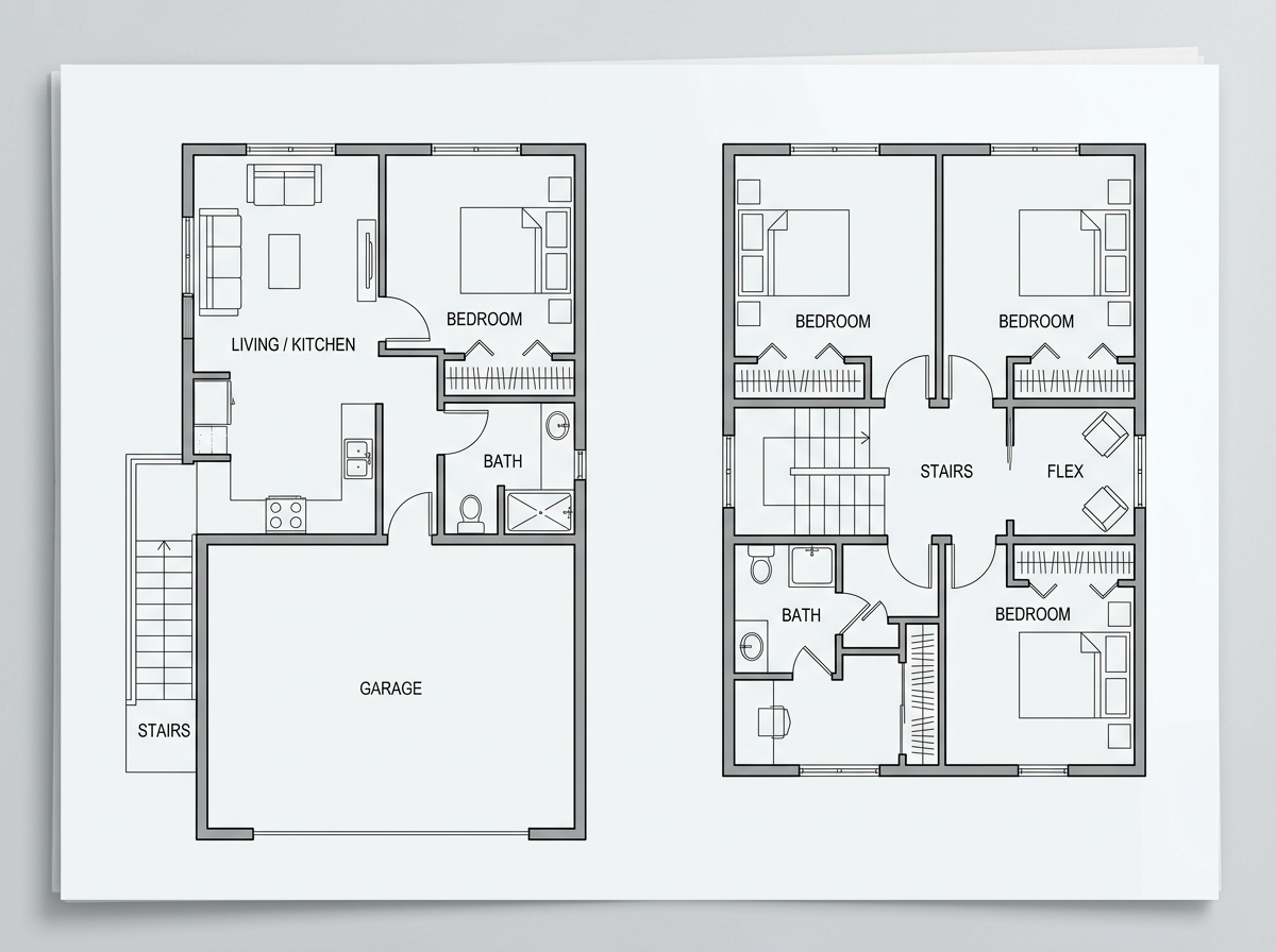 Concept floor plans comparing a one-bedroom apartment above a garage with a flexible bungalow second-floor addition layout.