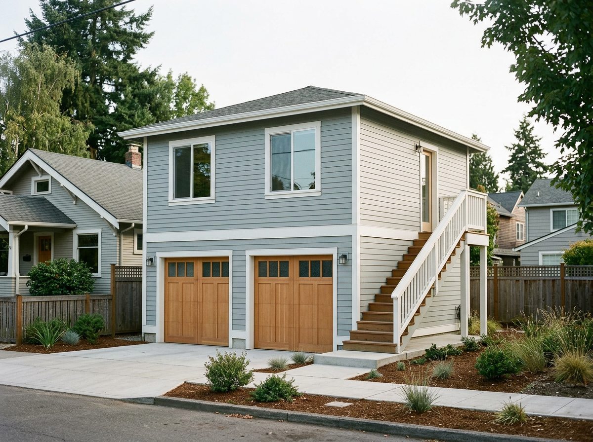 Garage ADU concept — completed exterior with a separate entry stair.