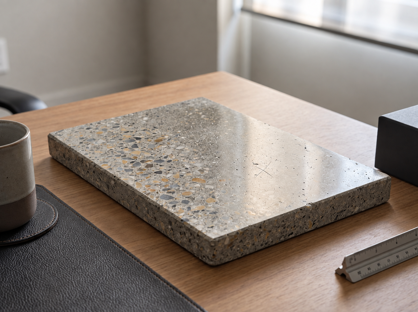 Terrazzo material sample on a wooden worktable with a coffee mug and ruler, digitally enhanced for brightness.
