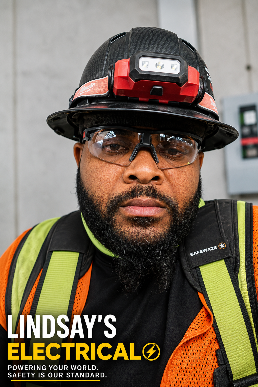 A man wearing safety glasses, a black safety helmet with a red headlamp, and an orange safety vest. Text overlay reads 'Lindsay's Electrical' with the tagline 'Powering Your World. Safety is Our Standard.'