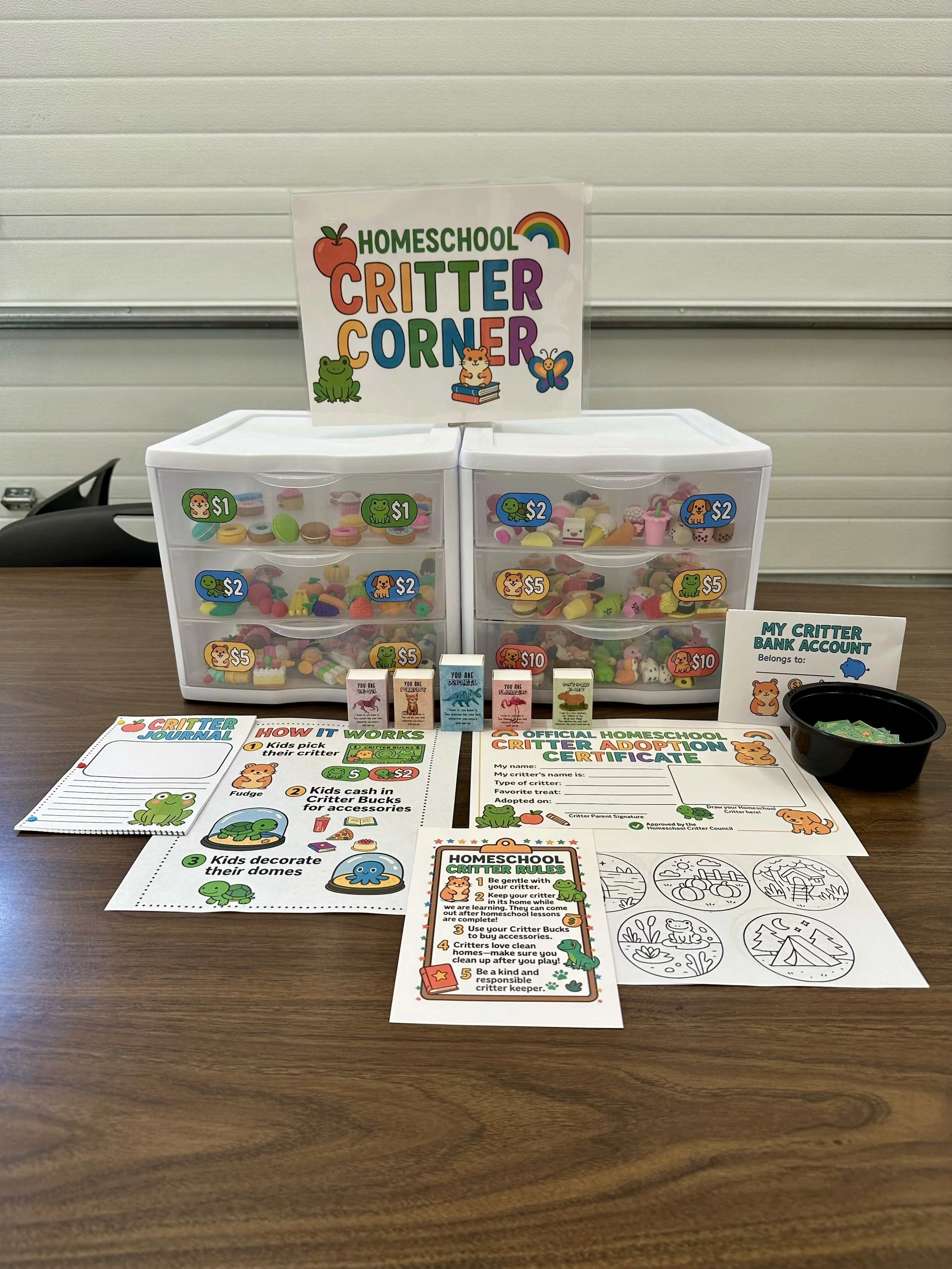 A table setup for homeschooling critique activities, including a labeled critter corner with containers of pretend food items, a critter adoption certificate, fixation worksheets, and rules for critter care, all decorated with colorful cartoon animals.