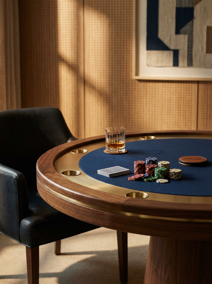 A round poker table with a blue felt surface, poker chips, a glass of whiskey, and a deck of cards, surrounded by black leather chairs in a softly lit room.