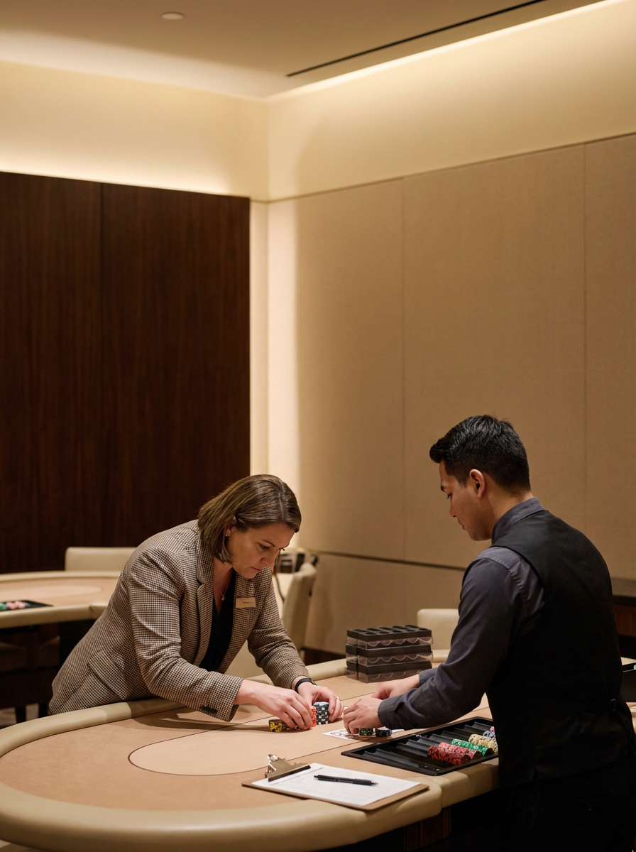 Two people at a casino table, a woman with a checkered blazer and a man in a dark vest, handling poker chips during a game.