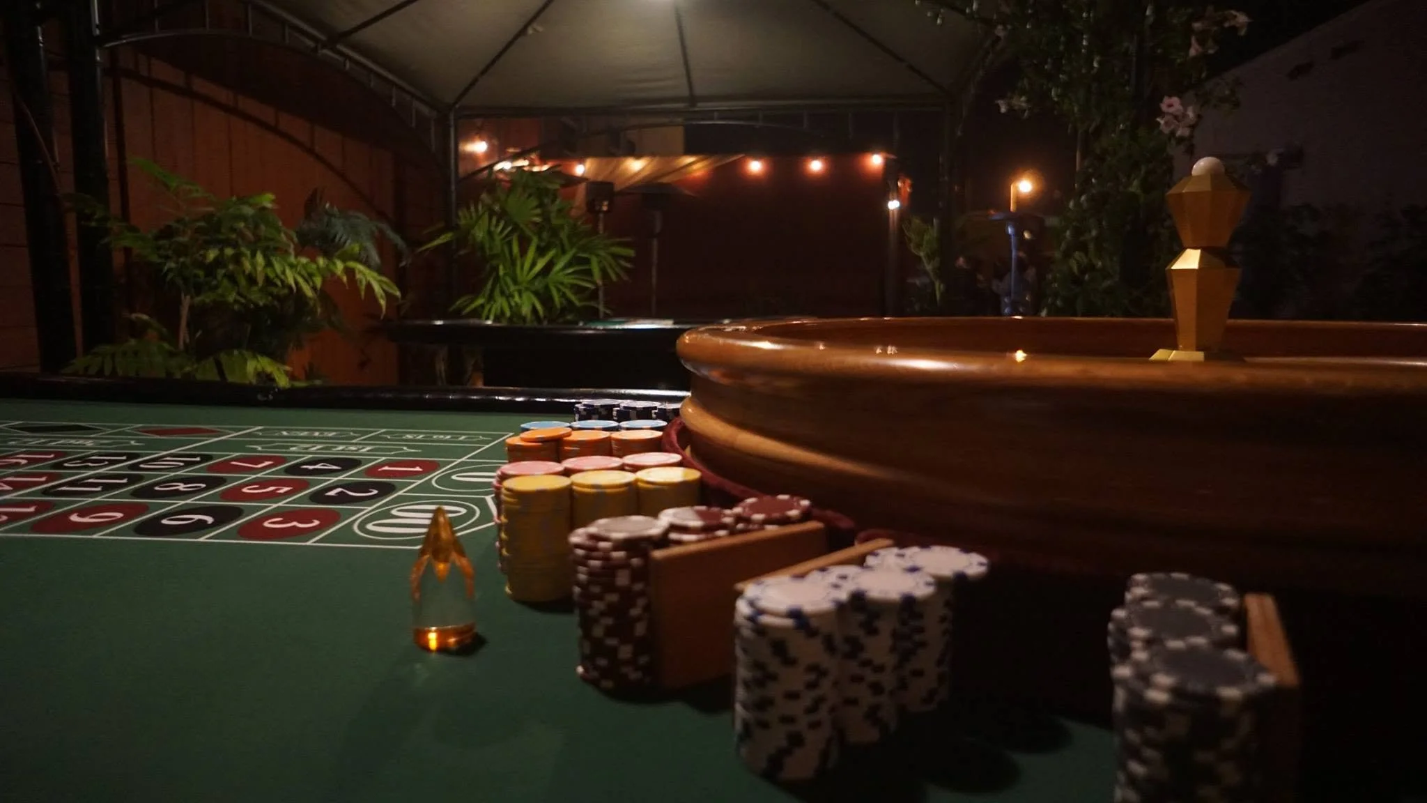 A casino roulette table with chips nearby, set under an outdoor canopy with plants and soft lighting in the background.