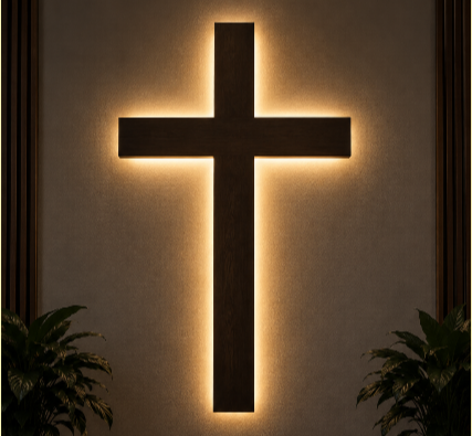 Illuminated wooden cross mounted on a wall in a dimly lit church interior with warm backlighting.