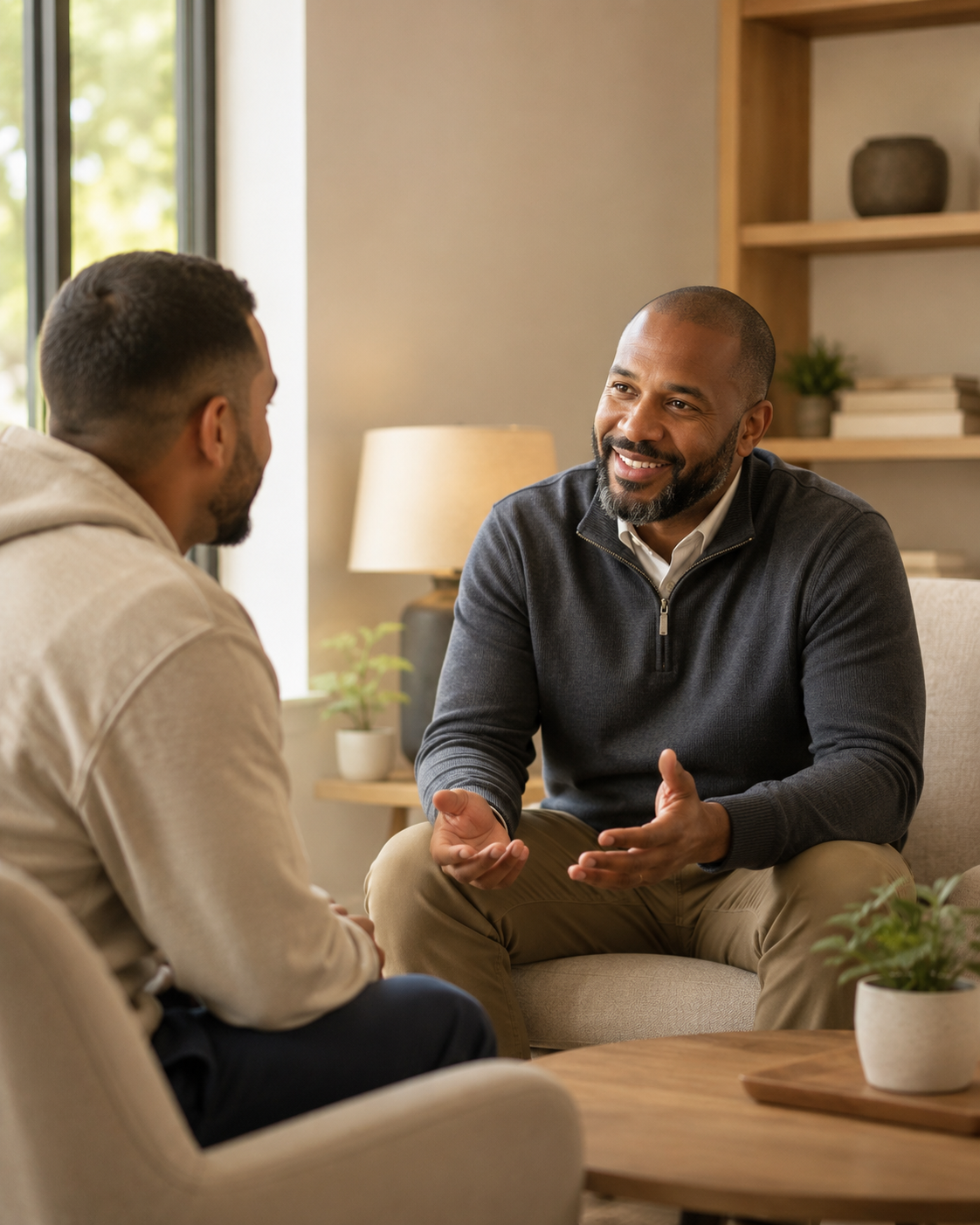 Counselor providing faith-based support and mentorship to a client in Fresno, CA