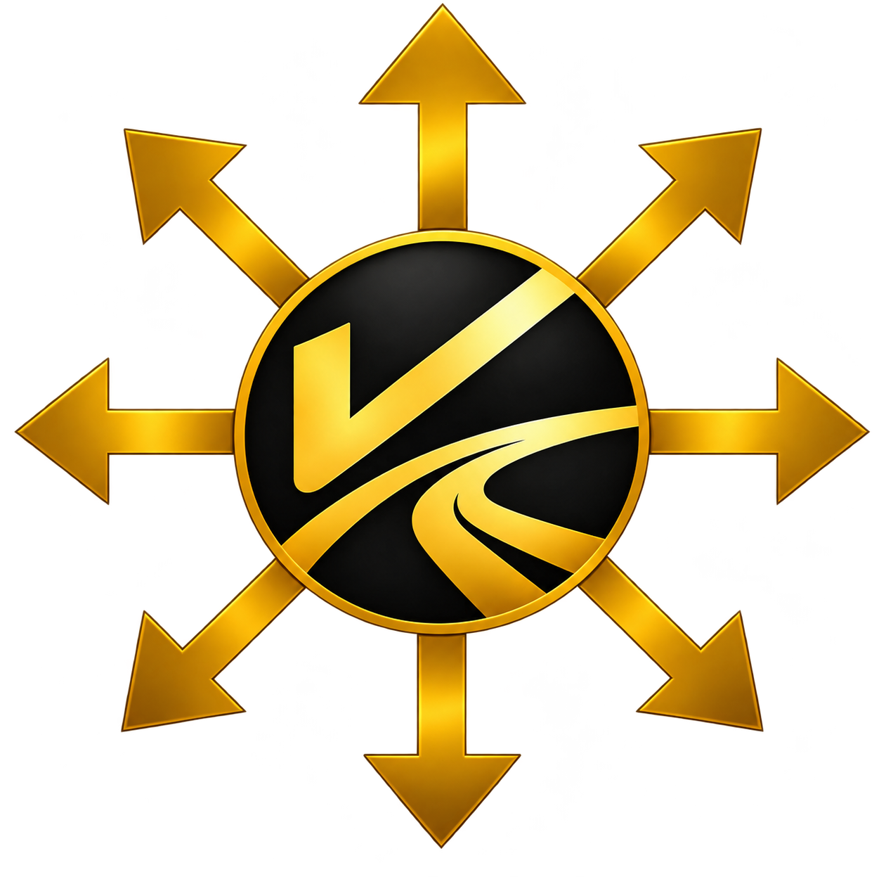 Black and gold circular icon with arrows pointing outward.
