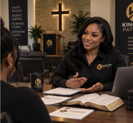 Woman wearing a black Kingdom Pathway branded shirt sitting at a table with a Bible and documents during a discussion in a church sanctuary.