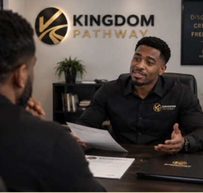 Man wearing a black Kingdom Pathway branded shirt gesturing during a consultation at a table, viewed from behind another person.