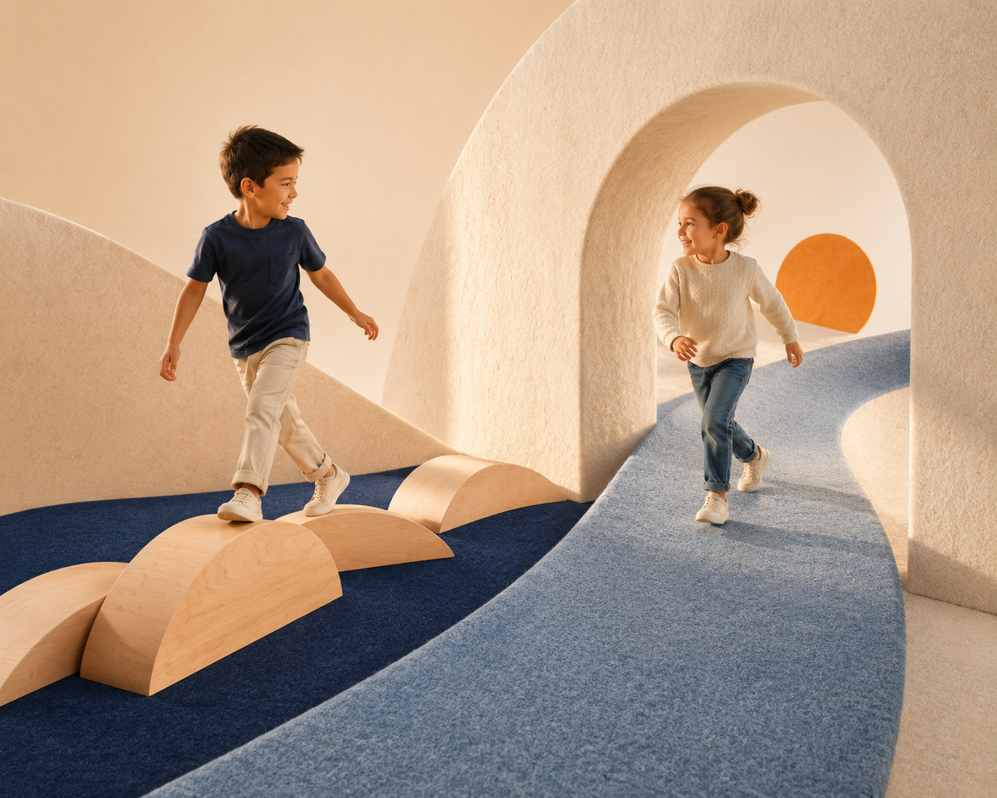 Children running and playing together on a colorful movement course