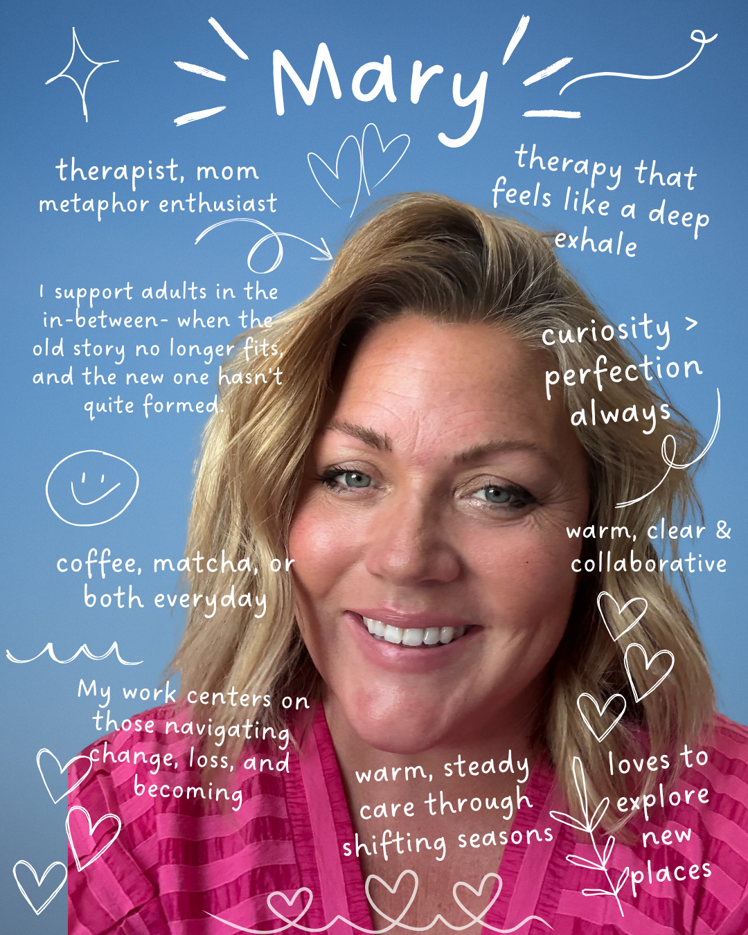 Mary Ruiz, therapist in Lodi, Ca., smiling in a warm, approachable professional protrait. She provides compassionate therapy for adults navagating anxiety, life transitions, change, loss, self-discovery, and personal growth.