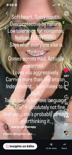 Soft heart. Spicy mouth. Overprotective by nature. Low tolerance for nonsense. Notices everything. Says what everyone else is thinking. Comes across mad. Actually worried. Loves you aggressively. Carries more than she lets on. Independent... sometimes to a fault. Tough love is her love language. I'm fine! Absolutely not fine. And yes... she's probably already overthinking it."