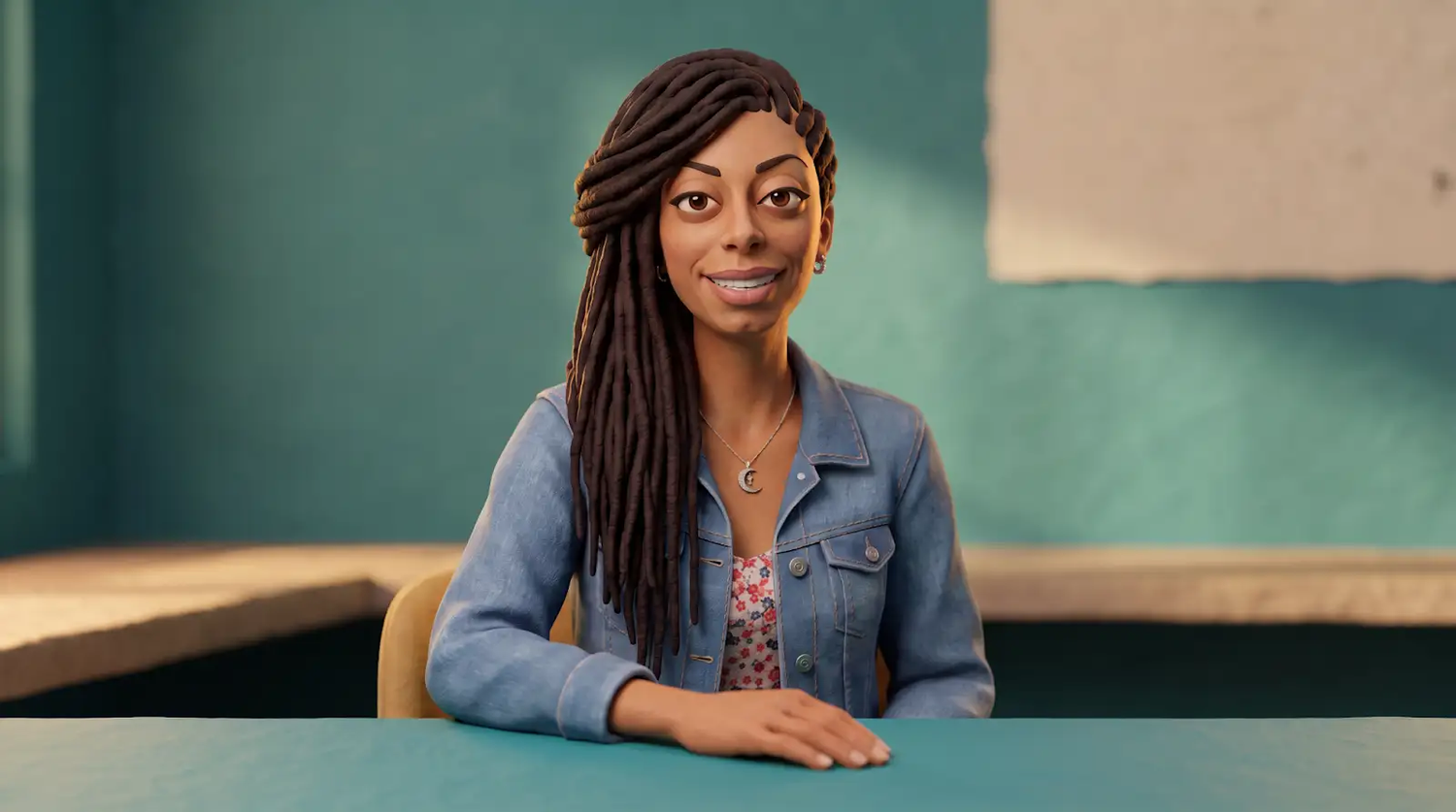 An illustrated 3D host with side-swept locs, a denim jacket and floral top smiles from behind a teal table.