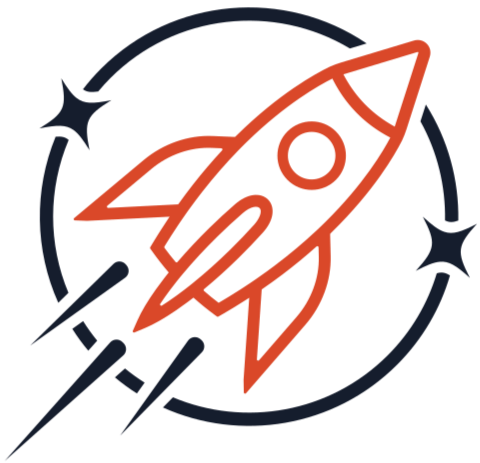 A rocket launching with stars and motion lines around it.