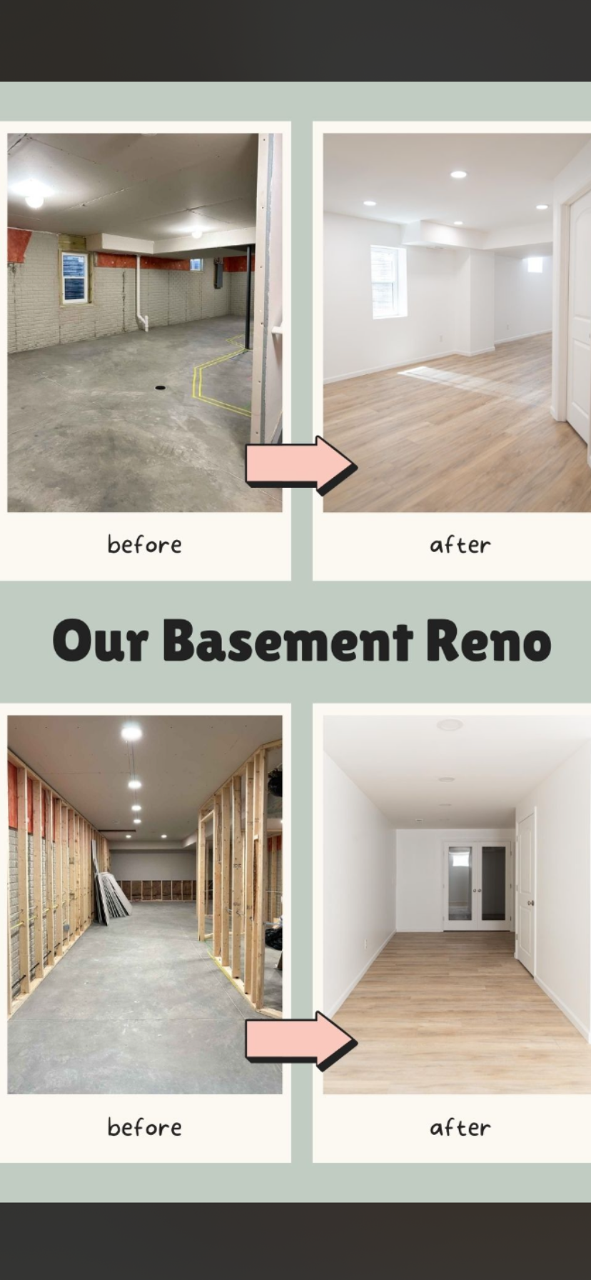 Before and after photos of a basement renovation, showing transformation from unfinished, dark basement with exposed framing to finished, brightly lit room with white walls and wood flooring.