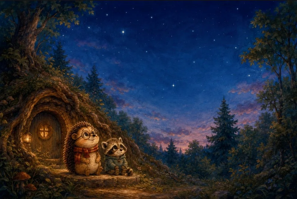 Hector the Hedgehog sitting with Pip under the stars