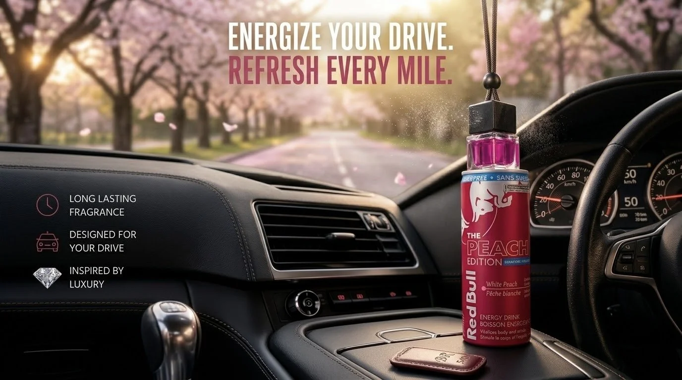 A car dashboard with a pink Red Bull Peach Edition energy drink on the center console, and a pink car key. The background shows blossoming trees and a road. Text overlay promotes the drink's long-lasting fragrance, suitability for driving, and luxury inspiration. The main slogan says, "Energize your drive. Refresh every mile."