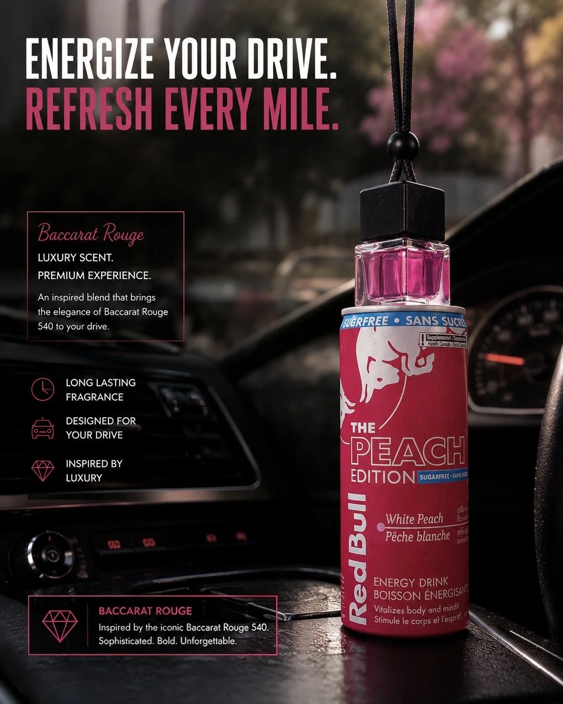 Advertisement for Red Bull energy drink featuring Baccarat Rouge inspired fragrance called Peach Edition. The ad highlights the scent's luxury, long-lasting fragrance, and drive enhancement, with the bottle of Peach Edition placed inside a car on the dashboard.