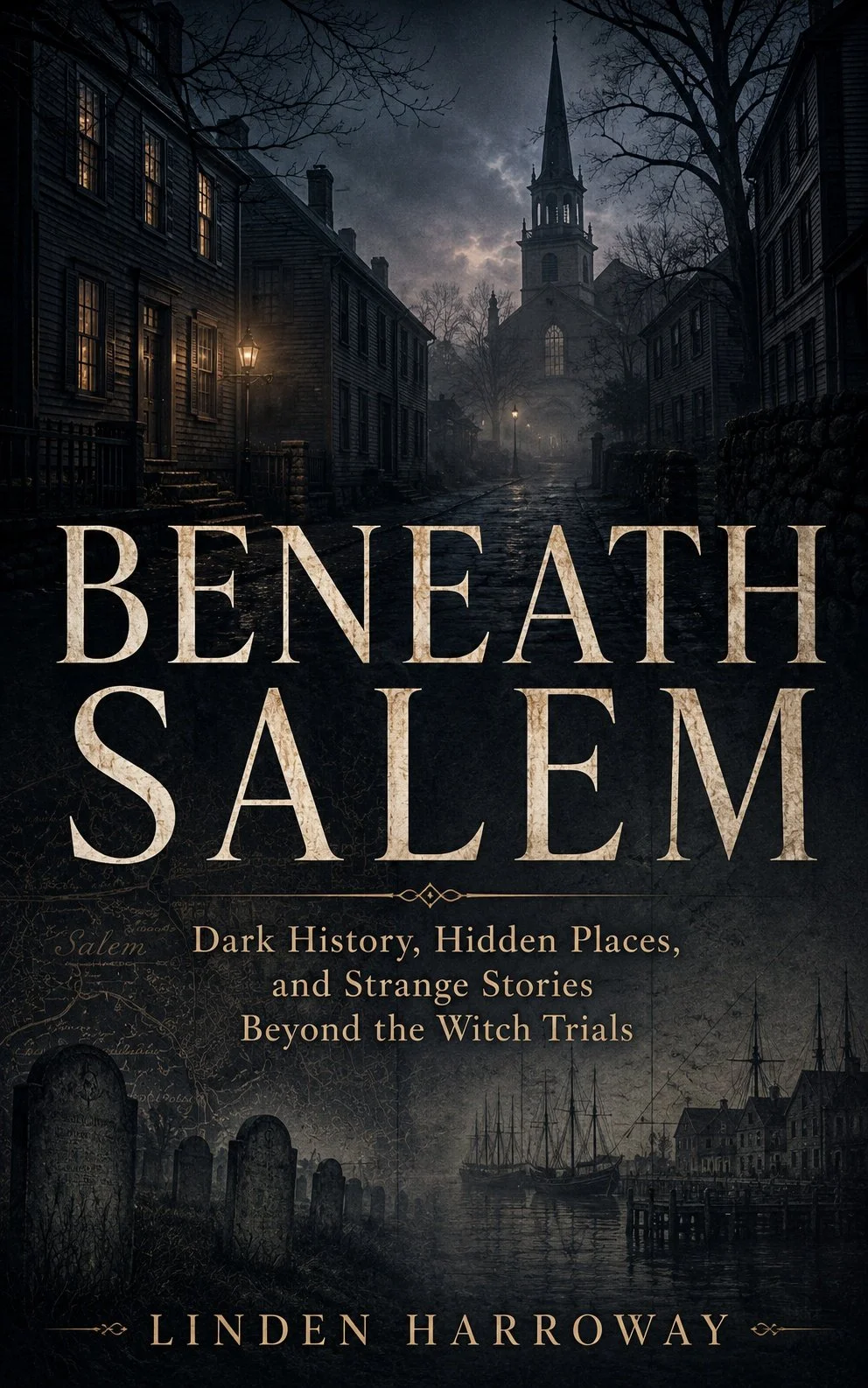 Book cover for *Beneath Salem* by Linden Harroway, featuring a dark historic Salem streetscape, old gravestones, harbor ships, a church steeple, and antique map details representing Salem’s hidden history and witch-trial past.