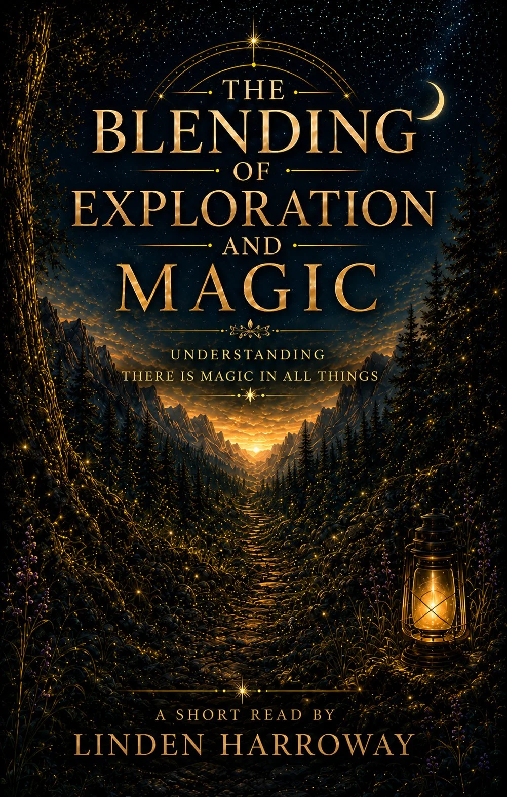 Book cover titled "The Blending of Exploration and Magic" by Linden Harroway. The cover features a nighttime landscape with mountains, pine trees, a starry sky, a crescent moon, and a glowing lantern on the ground.