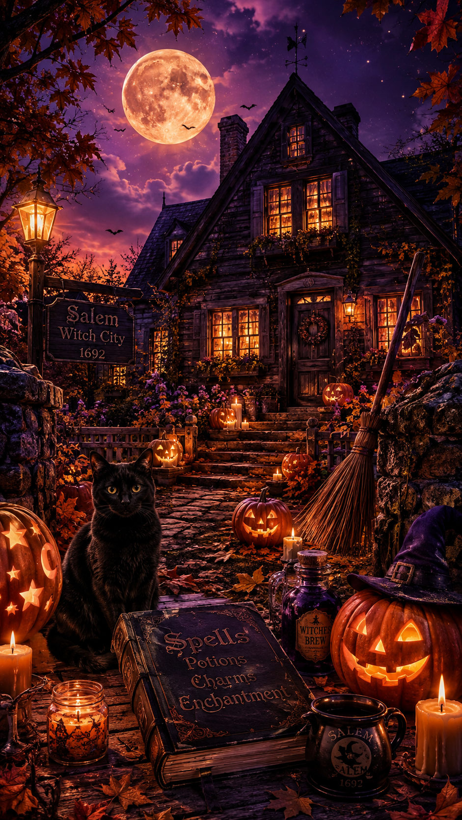 A spooky Halloween scene outside a Victorian-style house in Salem Witch City with a full moon, bats flying, and a dark purple sky. The house is decorated with pumpkins, candles, and Halloween decorations, with warm light glowing through the windows. A black cat sits in the foreground on a wooden porch surrounded by autumn leaves, candles, a broom, and various spooky props including a Halloween-themed spellbook, potion bottles, and a carved jack-o'-lantern wearing a witch's hat.