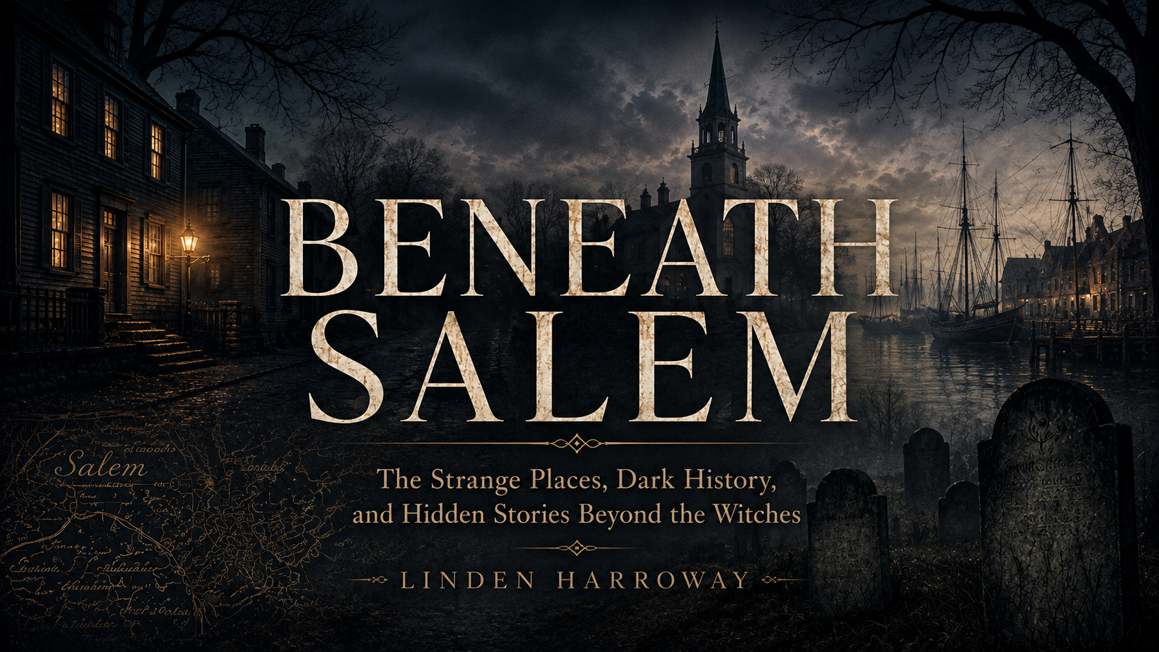 Book cover titled 'Beneath Salem' showing a dark, eerie New England town with old houses, a church, and a harbor with boats, set at dusk or night.