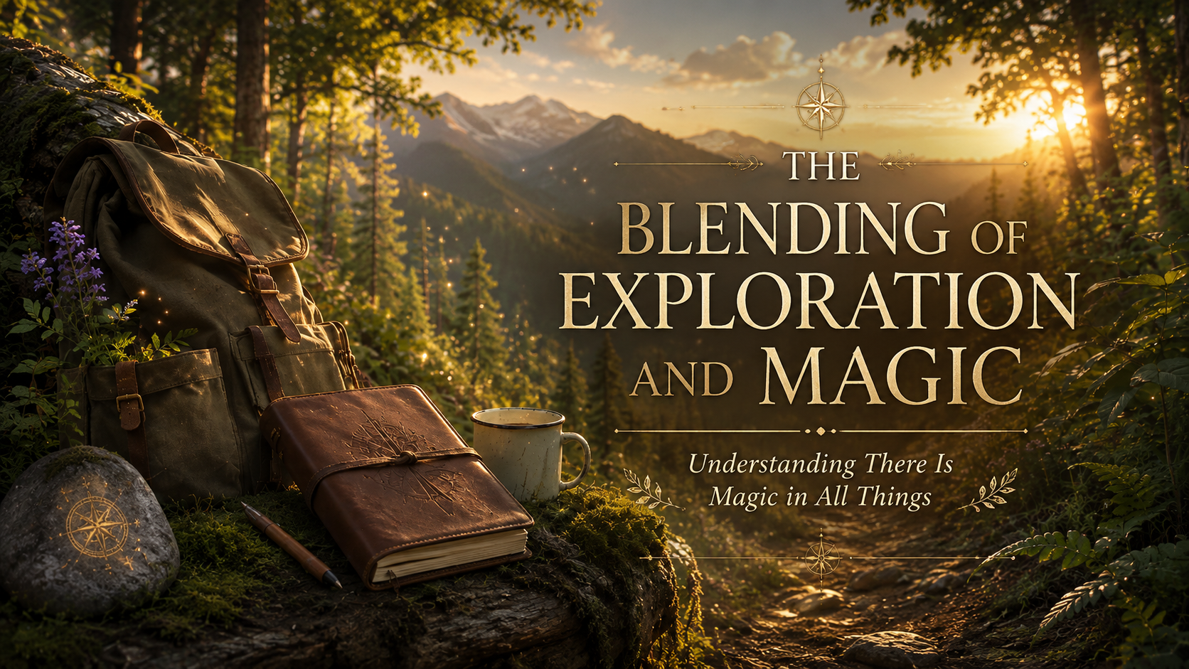 A nature scene with mountains, trees, and a sunset. Items such as a backpack, a leather journal, a notebook, a pen, a mug, a stone with a compass symbol, and purple wildflowers are arranged on a mossy log in the foreground.