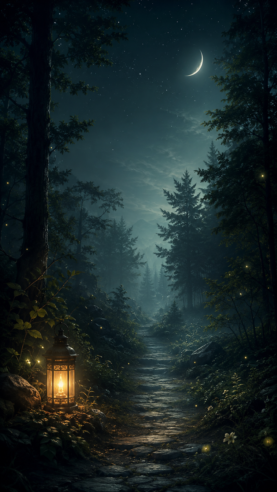 A nighttime scene of a forest with a stone path illuminated by a lantern. The sky shows a crescent moon and stars shining through the trees, with mist and distant mountains in the background.