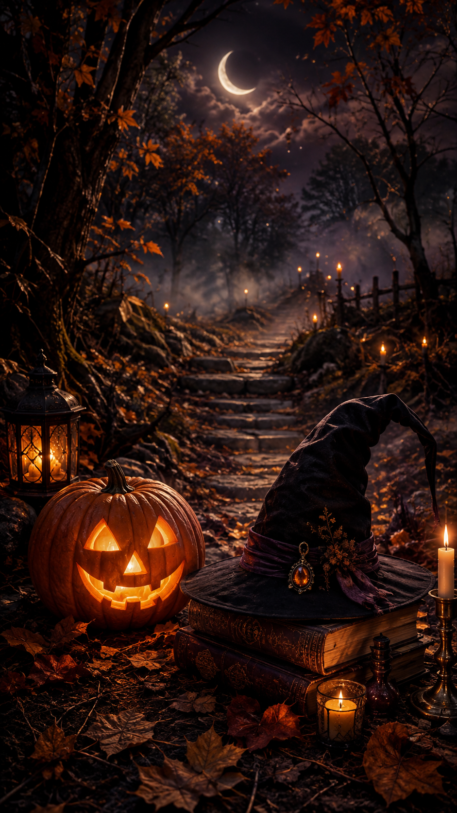 A spooky Halloween scene set in a wooded area at night, featuring a carved pumpkin with a glowing face, a witch's hat, candles, lanterns, and a staircase leading into the dark woods, illuminated by the moon and lit torches.