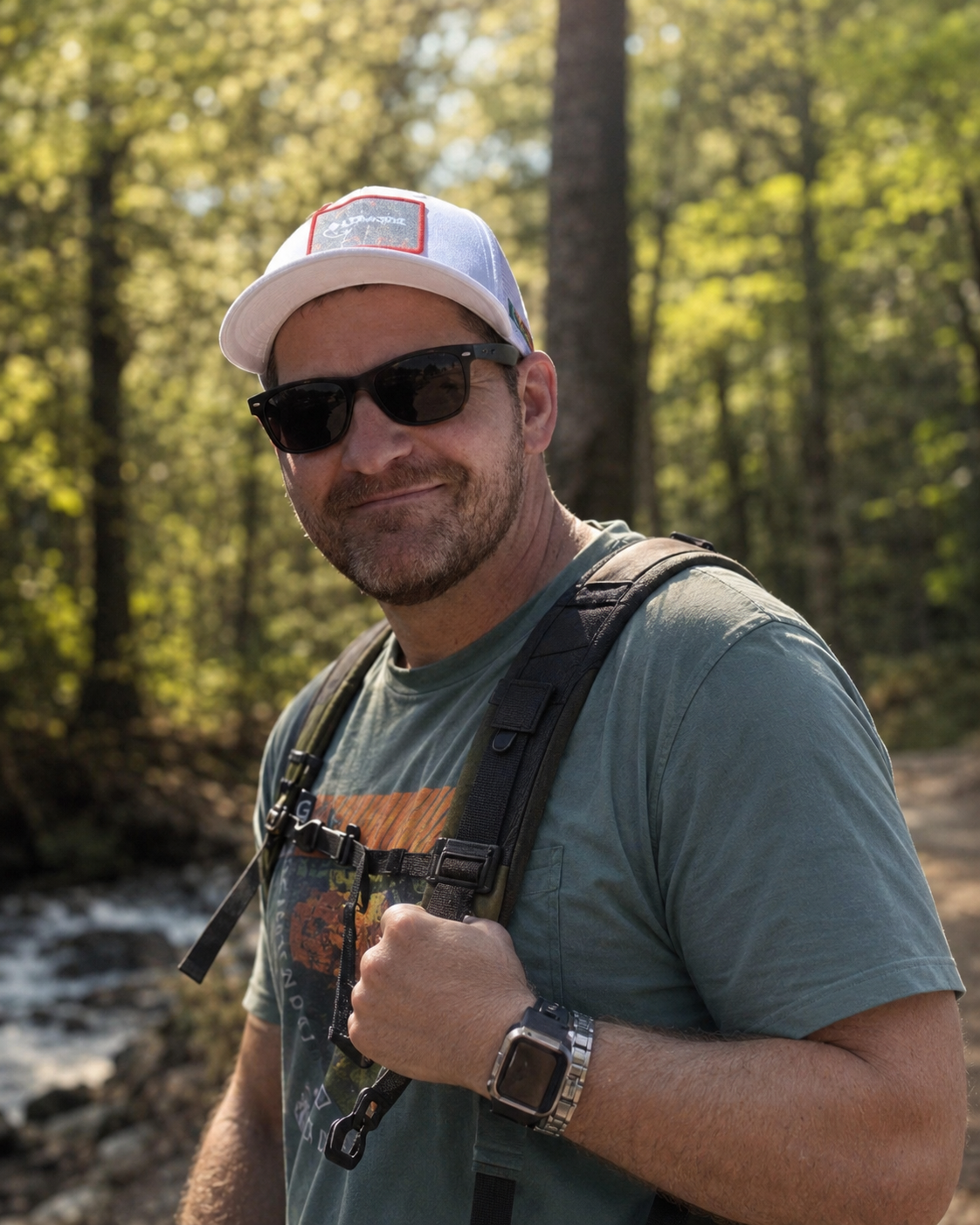 Portrait of author Linden Harroway wearing a baseball cap and backpack while exploring a wooded outdoor setting, reflecting his interest in writing, history, nature, and adventure.