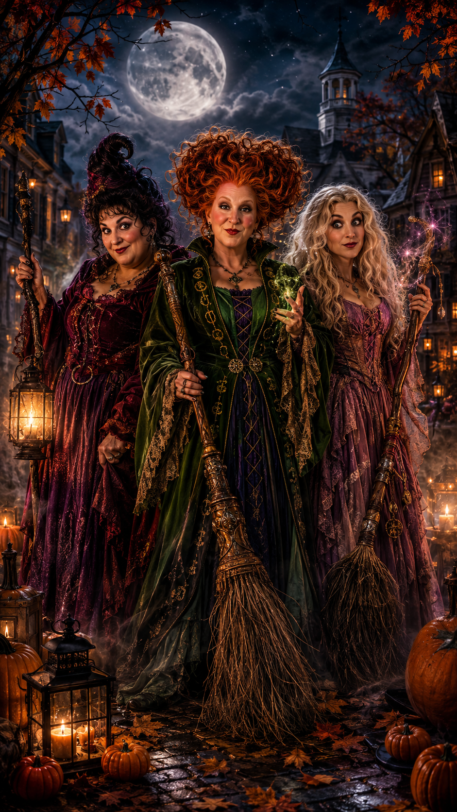 Three women dressed as witches standing in a Halloween-themed scene at night with full moon, pumpkins, candles, and autumn leaves.