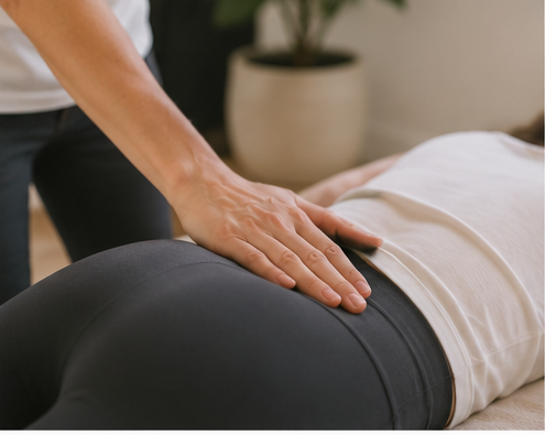 Person performing back massage on someone lying face down on a masseuse table.