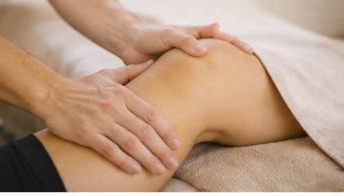 Hands applying massage to a person's knee.