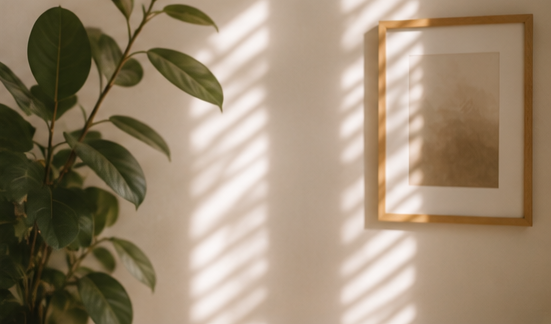 A potted plant with broad green leaves on a white wall with striped sunlight, and a blank framed artwork hanging on the wall.
