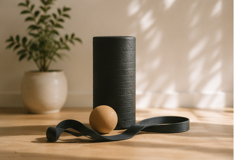 Yoga or exercise props on a wooden surface, including a black foam roller, a cork massage ball, and a black resistance band, with a potted plant in the background.