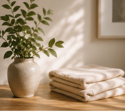 A ceramic vase with green leafy plant on a wooden surface next to folded white towels.